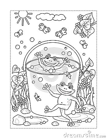 Frogs playing in bucket full of water coloring page Vector Illustration